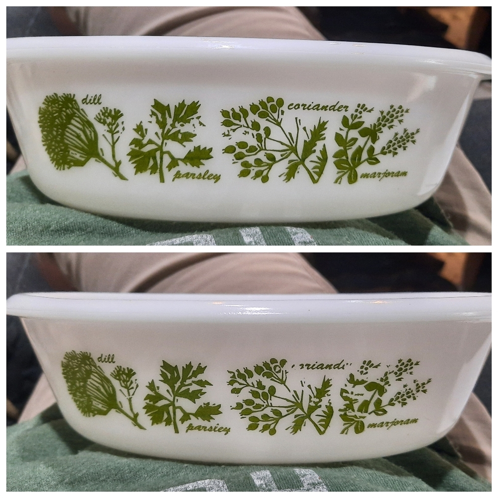 Glasbake vtg milk glass 1 qt bowl green herbs graphic